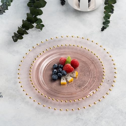 PLASTICPRO 64 Piece Combo Plastic Dinner Plates Disposable Plastic Fancy Heavy Duty Party Dishes 7 inch and 10 inch, Translucent Pink and Gold Beaded - Image 2