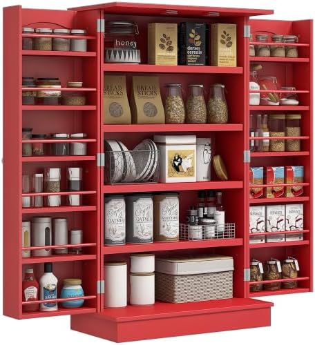 HOMCOM 41" Kitchen Pantry Storage Cabinet 12 Door Shelves Red by HOMCOM