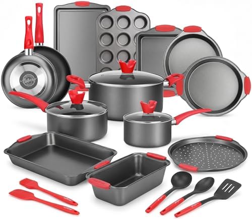 NutriChef 21-Piece Nonstick Cookware Set - PTFE/PFOA/PFOS Free Heat Resistant Lacquer Kitchen Ware Pots Pan w/ Cool-Touch Handles, Saucepan, Fry Pans, Lid, Bakeware, For Gas Electric Ceramic Cooktops by NutriChef%E2%84%A2Kitchen