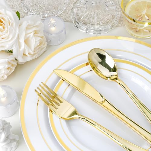 realluck 350 PCS White and Gold Plastic Dinnerware Set for 50 Guests, 100 Disposable Plates for Party, 50 Pre Rolled Napkins with Gold Silverware, 50 Cups - Image 4