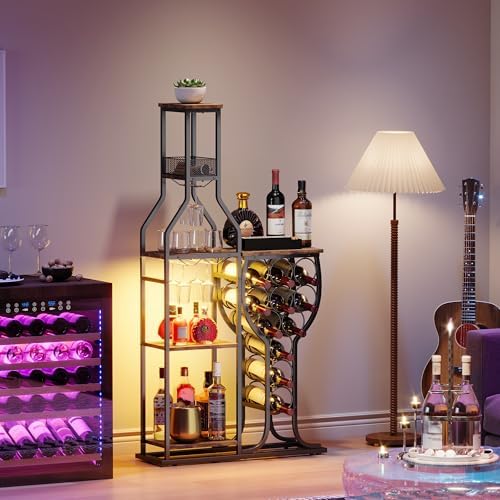 HavenlyYouth Liquor Cabinet for Home Bar, 5-Tier Wine Rack Freestanding Floor with Wine Glass Holder, Mini Bar Stand with 11 Wine Bottles, Bar Table with Storage for Living Room, Kitchen by HAVENLYYOUTH