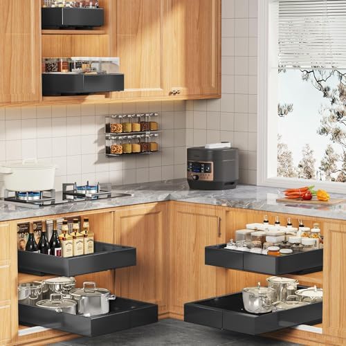 Seinloes 4 Pack Expandable Pull Out Cabinet Organizer 21" Deep with Raising Pad for Framed Cabinets,Upgrade 3 Slide Rails Slide Out Drawers,Roll Out Shelves Adhesive,Adjustable Width 9"-14.1" Black - Image 6