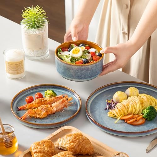 vancasso ONION Ceramic Plates and Bowls Sets for 4, 12 Pieces Stoneware Dinnerware Sets, Reactive Glaze Dishes Set for Kitchen, Dishwasher and Microwave Safe, Blue - Image 6
