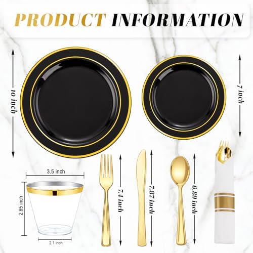 WDF Partyware 175PCS Black and Gold Plates - Halloween Disposable Plates for Party - 25Guests Disposable Dinnerware Set for Wedding/Party/Birthday/Halloween - Image 3