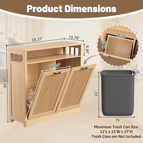 13 Gallon Double Tilt Out Trash Can Cabinet with Open Shelf & Storage - Pet Proof Hidden Recycling Cabinet & Wooden Laundry Hamper for Kitchen, Bathroom, Living Room, Natural Wood - Image 3