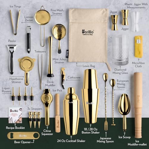 Barillio Bar Tool Set Pro Edition - Gold Stainless-Steel Cocktail Shaker Set - Mixology Bartender Kit w/Boston Shaker, Drink Mixer & Muddler for Cocktails - Home Bar Accessories - 32-Pc Bar kit - Image 2