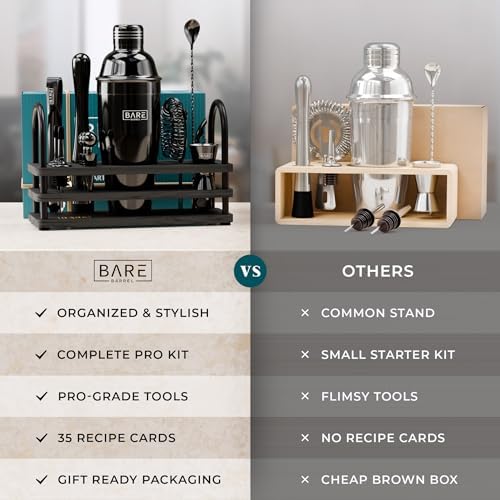 BARE BARREL® Mixology Bartender Kit Bar Set | 14-Piece Cocktail Shaker Set | Martini Barware Mixing Tools for Home Bartending | 35 Recipe Cards | Gift Set (24oz Cobbler Shaker, Jet Black/Black) - Image 6