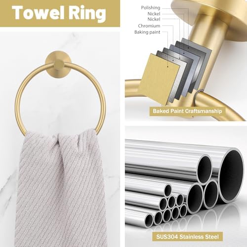 Brushed Gold Towel Bar Set 10 Pieces Bathroom Hardware Accessories Set Towel Rack Set for Bathroom SUS304 Stainless Steel Toilet Paper Holder Wall Mounted, 23.6 Inch - Image 4