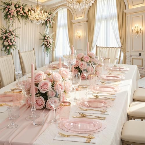 KIRE 210Pcs Clear Pink Plastic Plates with Gold Rim - Disposable Pink Plates for Party - 30 for Dinner 30 for Dessert 90 Silverware 30 Napkins 30Cups for Upscale Wedding/Party/Baby Shower - Image 6