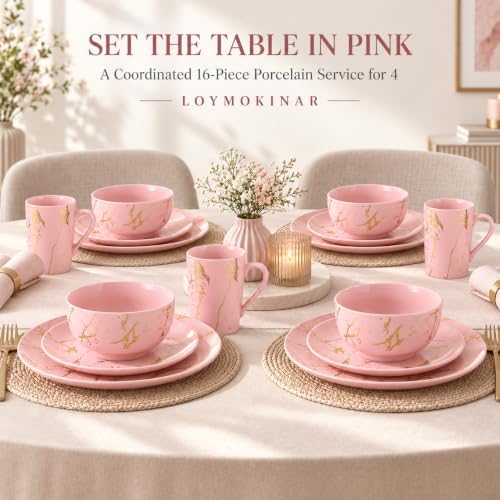 Pink Dinnerware Set for 4, 16-Piece Porcelain, Gold Marble - Image 7