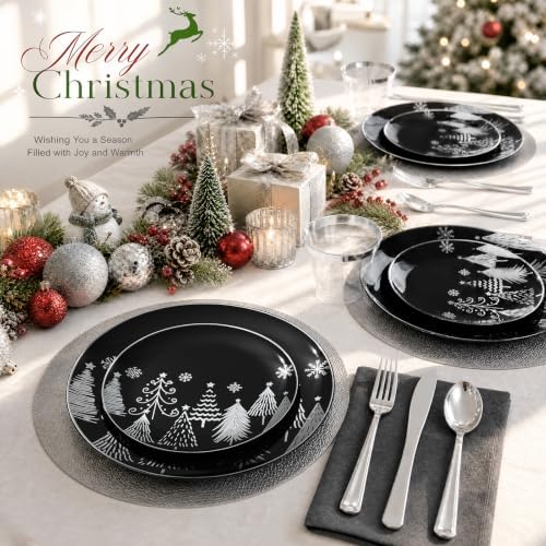 KIRE 150PCS Christmas Plates Disposable & Dinnerware Set for 25 Guests - Black & Silver Plates, Plastic Silverware & Cups With Silver Rim for Christmas/New Year - Image 3