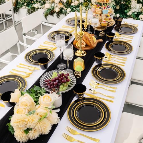 WELLIFE Black and Gold Plates, Plastic Dinnerware Set for 25 Guests - Image 5