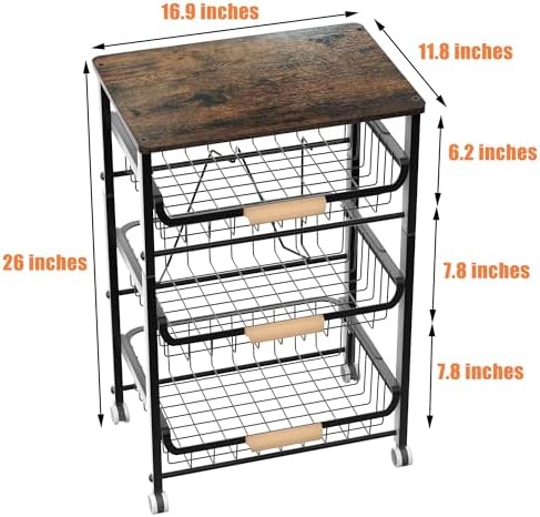 NiuYichee 4-Layer Fruit Basket Kitchen Food Organizer and Rack, Stackable Storage Cart with Desktop, Pull-Out Hollow Metal Basket, Sliding Out Storage (Black 4-Layer Rack) - Image 3