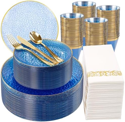 Rubtlamp 350 Pcs Clear Blue Plastic Plates, Blue Gold Plastic Dinnerware Set (50 Guests), Blue Disposable Plates With Gold Rim, Hammered Party Plates Set for Wedding And Party by Rubtlamp
