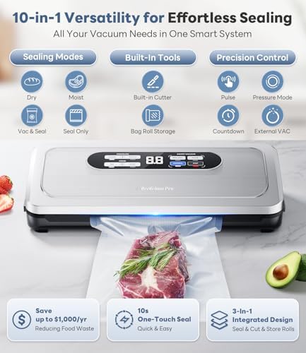 Vacuum Sealer Machine with AirLock ProSeal System, 10-in-1 Vacuum Sealer for Food, Moist/Dry Sealing Modes, Compact Design with Digital Timer, Built-in Cutter & Roll Storage, Stainless Steel - Image 3