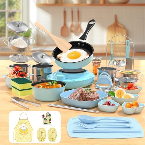 Gotoofun Kids Cooking Sets Real, Kid Safe Montessori Mini Tools Includes Stove Burner, Knife ect for Aged 8-12 Boys Girls Food Making, Easy for Beginners, Education Toys-Blue by Turnsplaytimetobrain-build