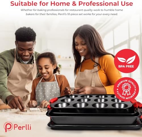 PERLLI Non-Stick 10-Piece Baking Pan Set, BPA-Free Carbon Steel Bakeware Set with Silicone Handles, Stackable Kitchen Oven Set, Cookie Sheet, Baking Tray, Baking Sheet Set, Oven Safe (446°F) - Image 5