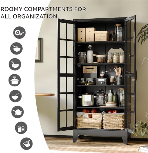 COFaR 71" Black Metal Pantry Cabinet with Glass Doors for Living Room - Image 6