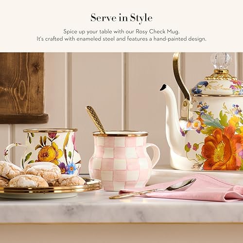 MACKENZIE-CHILDS Enamel Mug, 16 Ounces, Pink-and-White Rosy Check - Image 2