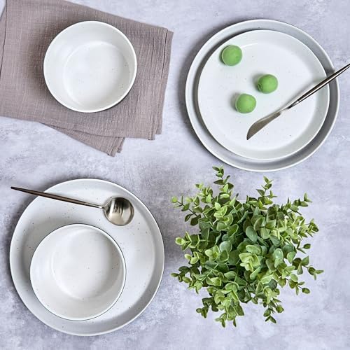 Sango 12-Piece Stoneware Dinnerware Set for 4, Modern White & Black Plates and Bowls Sets with Speckled Glaze, Durable Kitchen Ceramic Dish Set, Microwave & Dishwasher Safe Everyday Dishes, Stockholm - Image 5