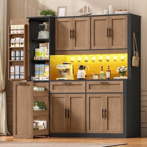 Itaar 71" Kitchen Pantry Cabinet with Charging Station and Led Light, Kitchen Storage Cabinets with Microwave Stand, 59" Wide Pantry Storage Cabinet with Storage Cart 3 Tier for Dining Room, Brown by Itaar