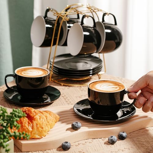 BTaT- Cappuccino Cups with Saucers 8 oz, Set of 12, Black Porcelain Coffee Cup and Saucer Set for Latte, Mocha, Tea, Au Lait, Flat White, Dishwasher, Microwave, Freezer and Oven Safe - Image 6