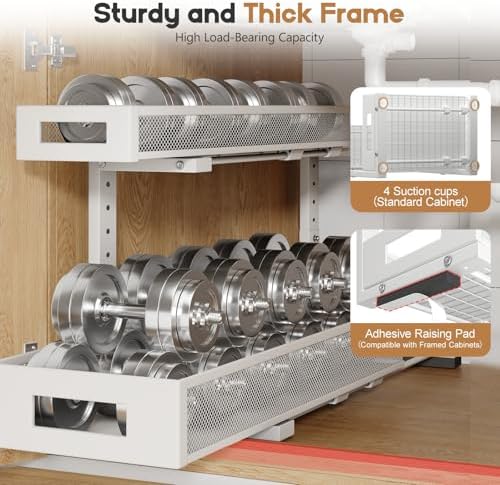 2 Pack 20.47IN Depth Under Sink Storage Organizer, Large 2-Tier Elegant Mesh Pull Out Shelf for Kitchen and Bathroom Cabinet Organization, L-Shaped and Adjustable Height Design-White - Image 3