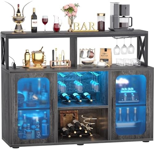 Aheaplus Bar Cabinet with Power Outlets, Liquor Cabinet with Led Lights and Glass Holder, Storage Buffet Cabinet Coffee Bar Cabinet for Liquor, Wine Cabinet with Racks for Home, Kitchen, Grey Oak by Aheaplus