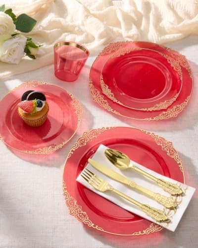 Bestluck 175PCS Clear Red Plastic Plates for 25 Guests - Image 4