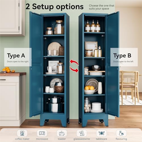 YAUWOH Narrow Metal Storage Cabinet, Tall Freestanding Cabinet with 4 Adjustable Shelves & Barn Doors, Pantry Organizer for Bathroom Kitchen Home Office Dining Room（1PC,Blue - Image 4