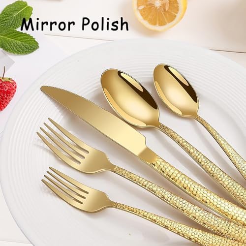 Hammered Gold Silverware Set With Gift Box For 8 Cutlery Set Utensils Stainless Steel Flatware 40 Pieces MIKIWAY Luxury Kitchen Tableware Set For Gifts Festive, Dishwasher Safe, Mirror Polishing - Image 3