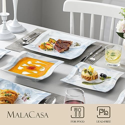 MALACASA Dinnerware Sets for 6, 30 Piece Porcelain Plates and Bowls Sets, Square Dish Set with Dinner Plate and Bowl, Cup and Saucer, Blue Dishes Dinnerware Set, Modern Dishware Sets, Series Flora - Image 4