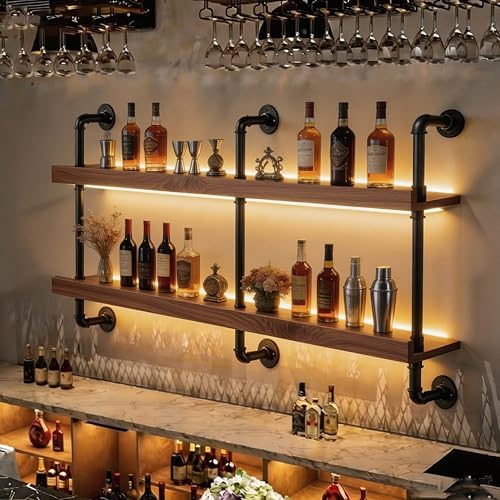 Wall Mounted Wine Rack with LED Light - 2-Tier Solid Wood Industrial Rustic Floating Shelves, Bottle Storage Organizer for Kitchen, Bar, Pub, Cellar, Home Bar (Walnut, 2-155cm/61in) by flowercart