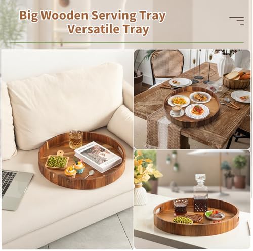 Large Ottoman Tray, 22" Big Ottoman Tray for Living Room, Large Serving Tray with Handles for Coffee Table Kitchen Counter,Great Round Wooden Trays with 4 Round Coasters for Appetizers, Dinner - Image 5