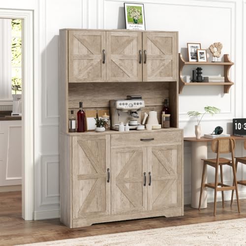 GRUSIGN 71" Pantry Cabinet with Charging Station, Large Capacity Kitchen Hutch Storage Cabinet, Kitchen Cabinet with Microwave Stand, Storage Drawers & Adjustable Shelves for Dining Room, Grey - Image 2