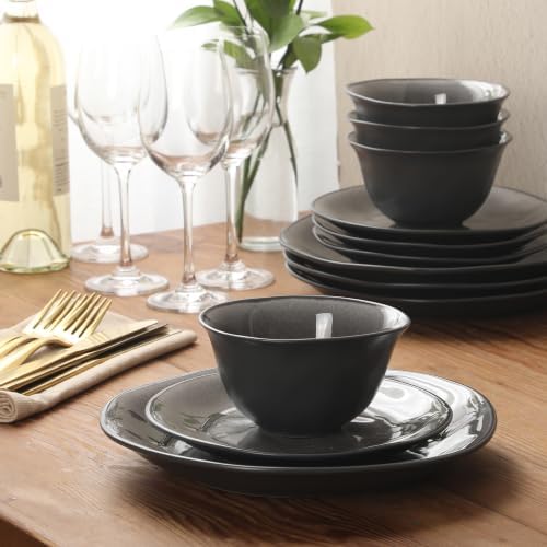 Gibson Elite Port Barton Plates and Bowls Sets, 12-Piece Stoneware Dinnerware Sets, Reactive Glaze Dish Set - Black - Image 7