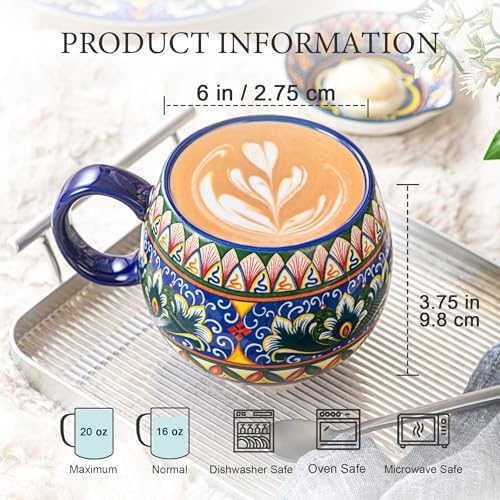 Henten Home Ceramic Coffee Mug Set of 6, 20 oz Colorful Coffee Cup with Handle, Boho Porcelain Mug for Cappuccino, Latte, Tea, Hot Chocolate, Cocoa, Microwave & Dishwasher Safe - Image 2