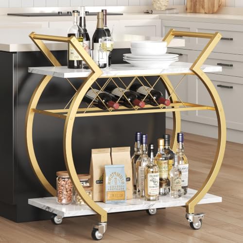 LVB Gold Bar Cart with Wheels, Modern White Marble Home Bar Serving Cart - Image 5