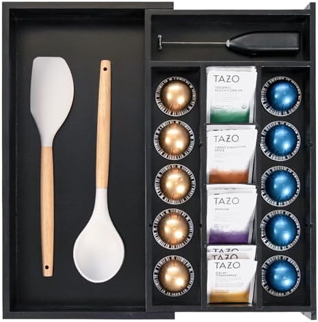 KitchenEdge Tea Bag & Coffee Pod Organizer, 9.7-17 in, Black Bamboo by KitchenEdge