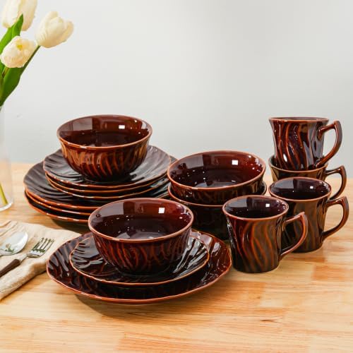 Ceramic Dinnerware Sets for 4, 16 pcs Plates and Bowls Sets, Reactive Glaze Ceramic Dish Set, Scratch Resistant, Microwave & Dishwasher Safe, Highly Chip and Crack Resistant Dishware sets, Rust Brown by Unknown