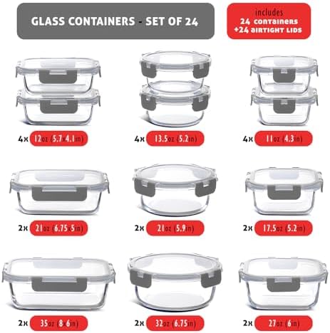 Nestl 48pc Glass Storage Containers with Lids, 24 Glass Food Storage Containers with 24 Airtight Lids for Pantry & Kitchen, Meal Prep Containers for Lunch, Oven Microwave & Dishwasher Safe, Gray - Image 3