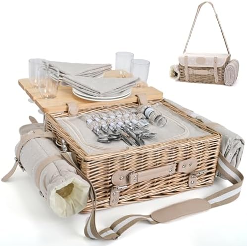 Multifunctional Wicker Picnic Basket Set for 4 with Blanket and Picnic Table, Insulated Picnic Set with Full Tablewares for Camping Outdoor Couples, Flowers by SatisInside