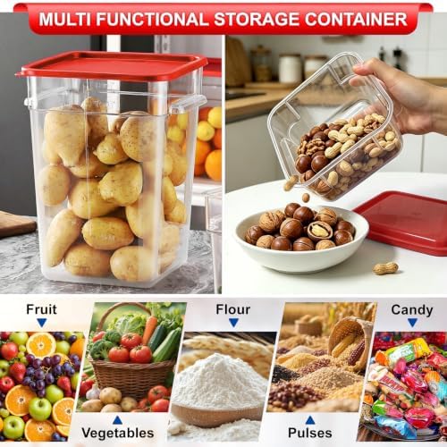 4Pack - 6QT Food Storage Containers with Lids & Handles, Polycarbonate Clear Airtight Food Container with Scale Marks for Bread Proofing, Flour, Commercial Grade, Restaurant & Kitchen, Square, Red - Image 6