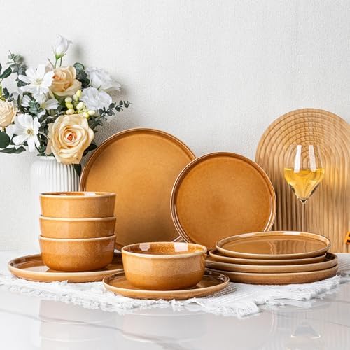GBHOME Dinnerware Sets for 4, 12 Pieces Ceramic Plates and Bowls Set by GBhome