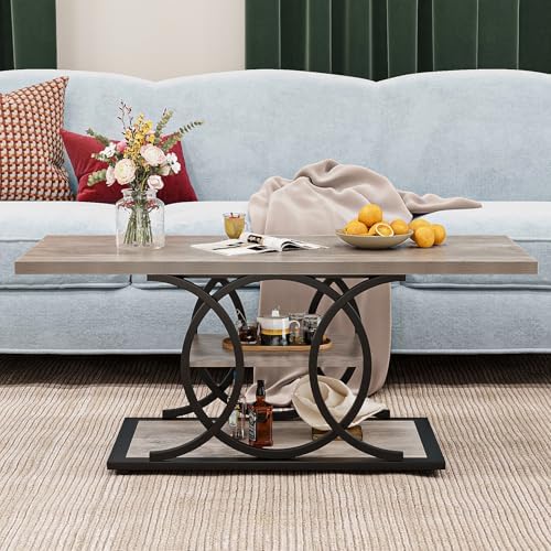 GiftGo Rustic Coffee Table with Storage Industrial 3 Tier Center Living Room Table Farmhouse Wooden Rectangle Cocktail Tea Table for Office Bedroom Elegant Full Moon Design (Vintage Gray, L-47) - Image 6