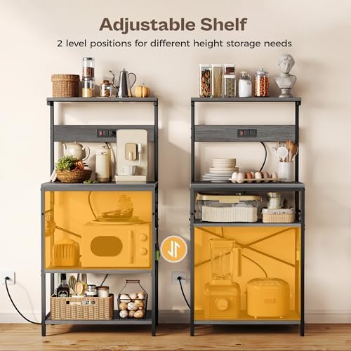 SUPERJARE Kitchen Bakers Rack with Power Outlet, Coffee Bar Table 4 Tiers, Kitchen Microwave Stand with 6 S-Shaped Hooks, Storage Shelf Rack for Spices, Pots and Pans - Charcoal Gray - Image 4