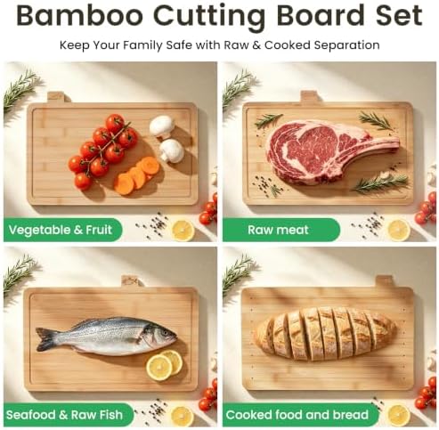Labeled Bamboo Cutting Board Set with Storage Rack, 4-Piece Bamboo Chopping Boards for Meat, Fish, Bread & Vegetables, Kitchen Countertop Organizer with Holder, 19.9" x 4.7" x 12.6" - Image 4