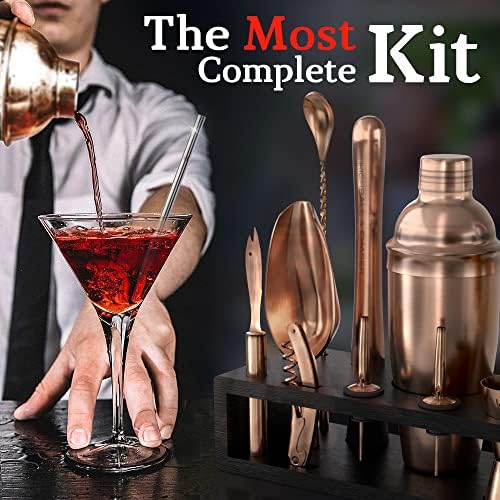 Highball & Chaser Bartender Kit with Espresso Bamboo Stand. Beautiful Cobbler Cocktail Shaker Set with Bar Tools Rustproof Stainless Steel Bar Set (Antique Copper) - Image 2