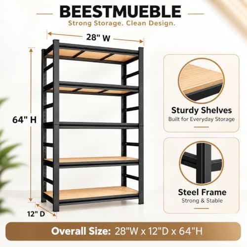 Kitchen Organization, 5 Tier Wooden Kitchen Shelf, 2500 LBS Adjustable Bakers Rack, Heavy Duty coffee bar, Split Into 2 Units, Appliance & Pantry Organizer, 28" Wx 12" Dx 64" H - Image 2