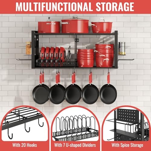 31 Inch Pot Rack Wall Mounted，3 in 1 Pots and Pans Organizer with 2 tier Kitchen Racks & Pot Lid Organizer Holder and 20 Hooks,Heavy Duty Hanging Pot Hanger for Kitchen Cookware, Utensils, Black - Image 5